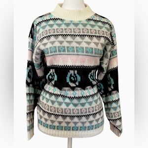 VTG 1980s fair isle geometric granny Cosby pastel & black turtleneck sweater M